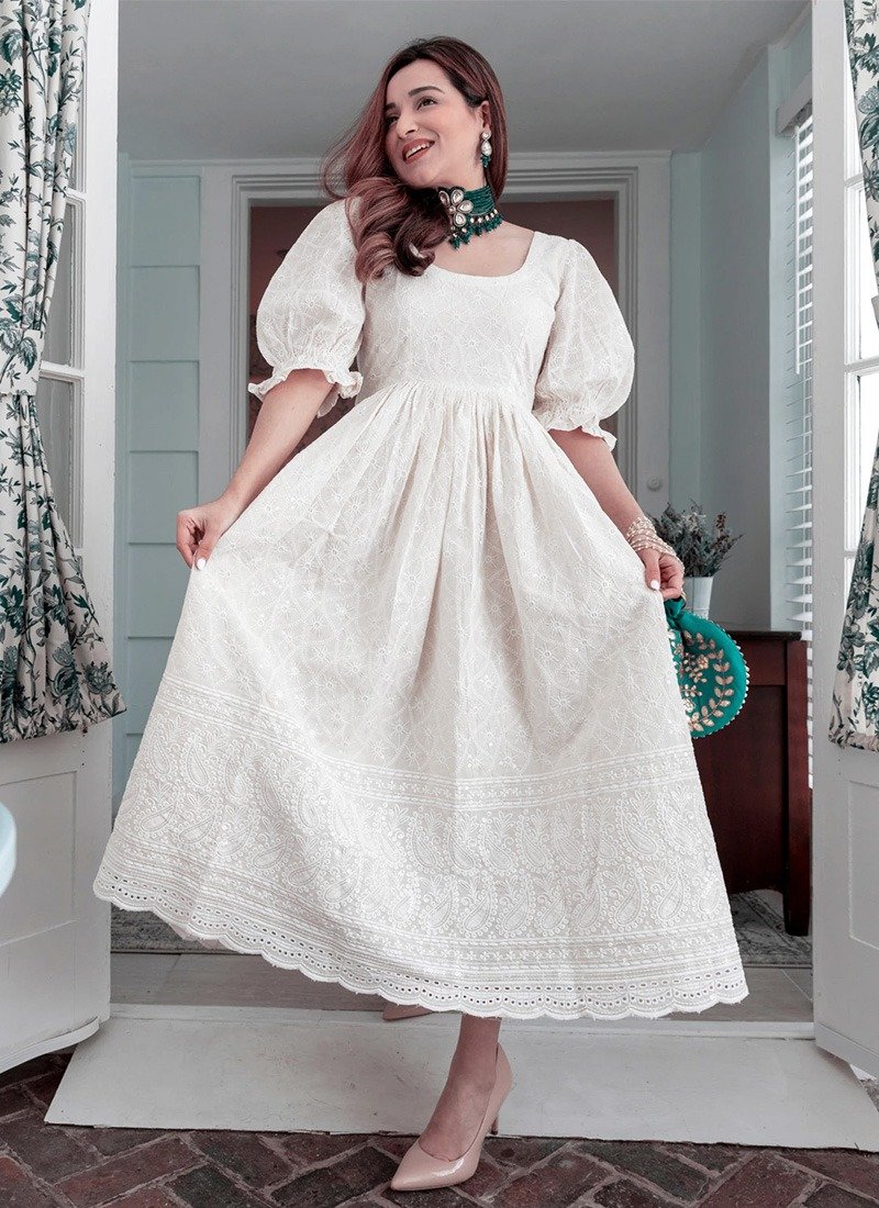 Lucknowi Chikankari Work Milky White Georgette Western Outfits Gown – garment villa