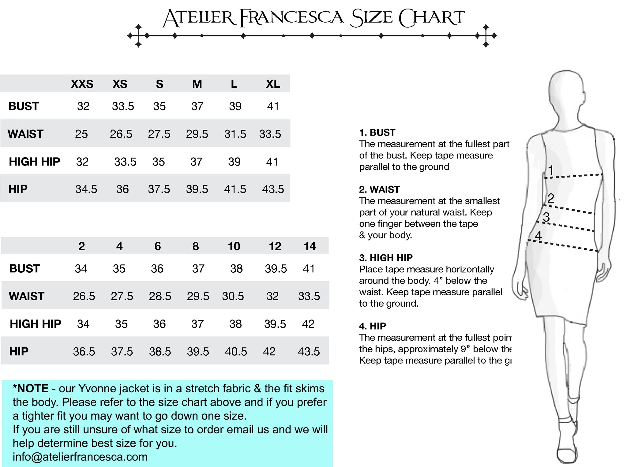 Atelier Francesca Size Chart