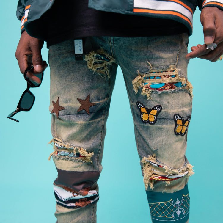 Skinny Men 2021 Distressed Ripped Patch Hip Hop Embroidered Straight Leg Jeans Mens