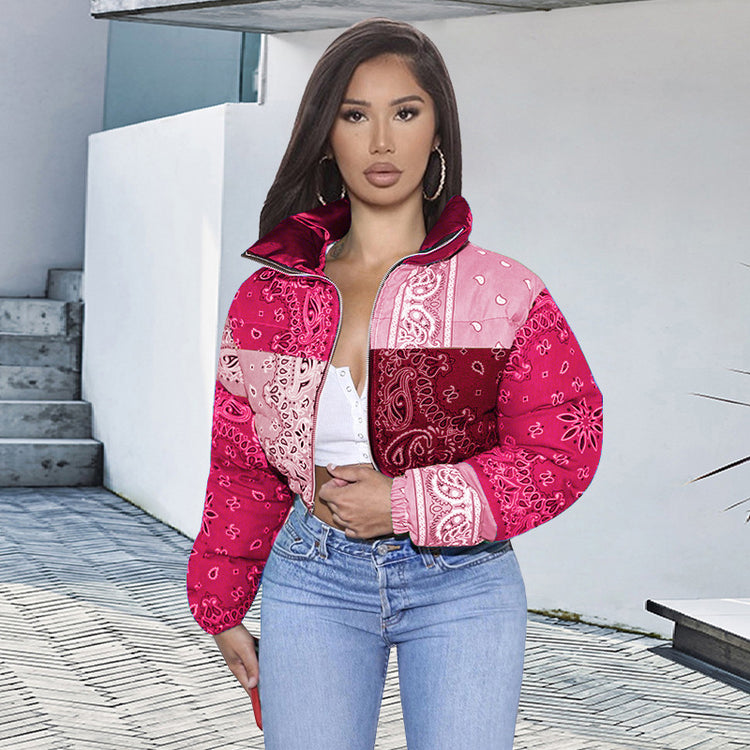 Women Bubble Crop Coats Ladies Puff Jackets Down Coats Plus Size Customized Patchwork Winter Bomber Puffer Jacket Winter Clothes - Rose Red