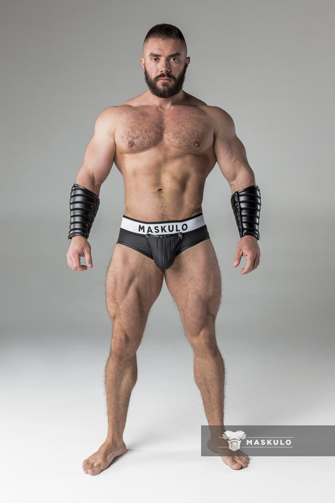 Armored. Rubber look Briefs. Detachable pouch. Open rear. Black