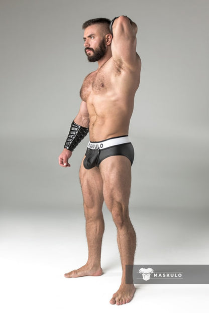 Armored. Rubber look Briefs. Detachable pouch. Zippered rear. Black