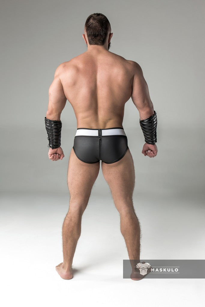 Armored. Rubber look Briefs. Detachable pouch. Zippered rear. Black