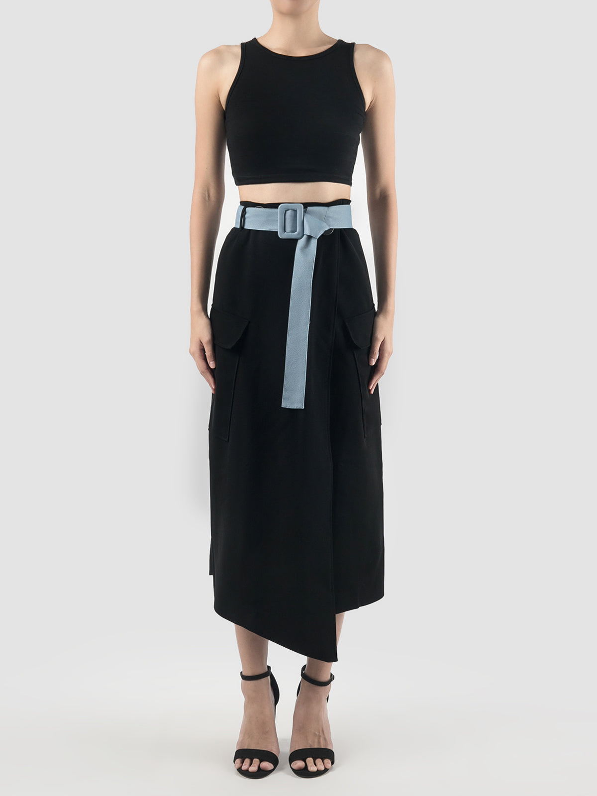 Light black asymmetrical midi skirt with decorative buttons