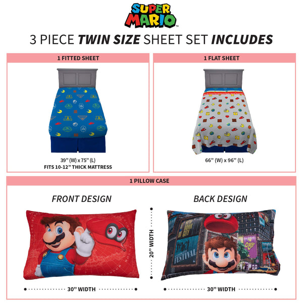 New 3 Piece Twin Size Franco Kids Bedding Soft Sheet Set Super Mario 