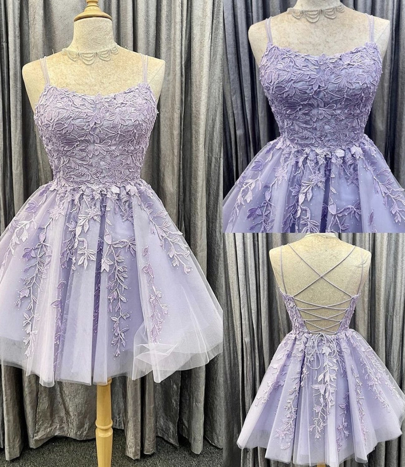 Purple tulle lace short A line homecoming dress evening DSProm