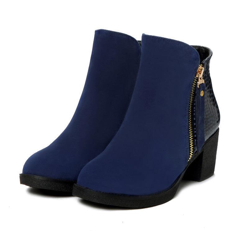 Rough leather low boots high heel women's boots side - Blue