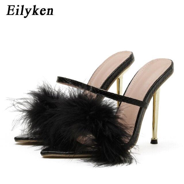 Pointed Toe Furry Slippers Ladies Sandals - Black - 40