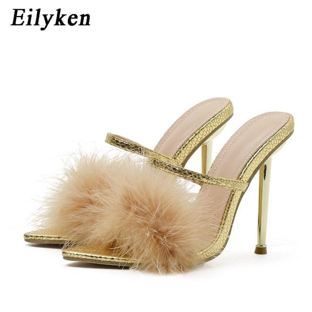 Pointed Toe Furry Slippers Ladies Sandals - Apricot - 37