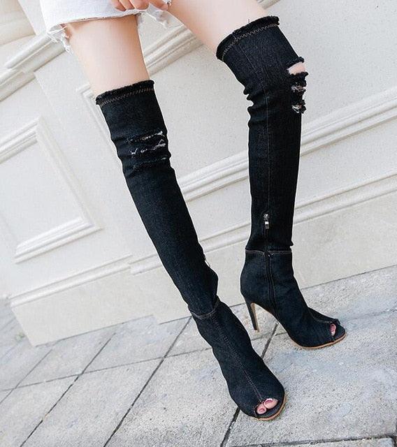 Over The Knee Denim Boots - black - 8