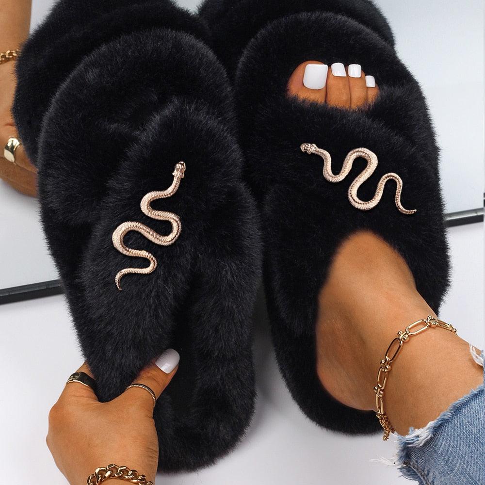 Fluffy Slippers Women Fashion Chain Cross Band Faux Fur