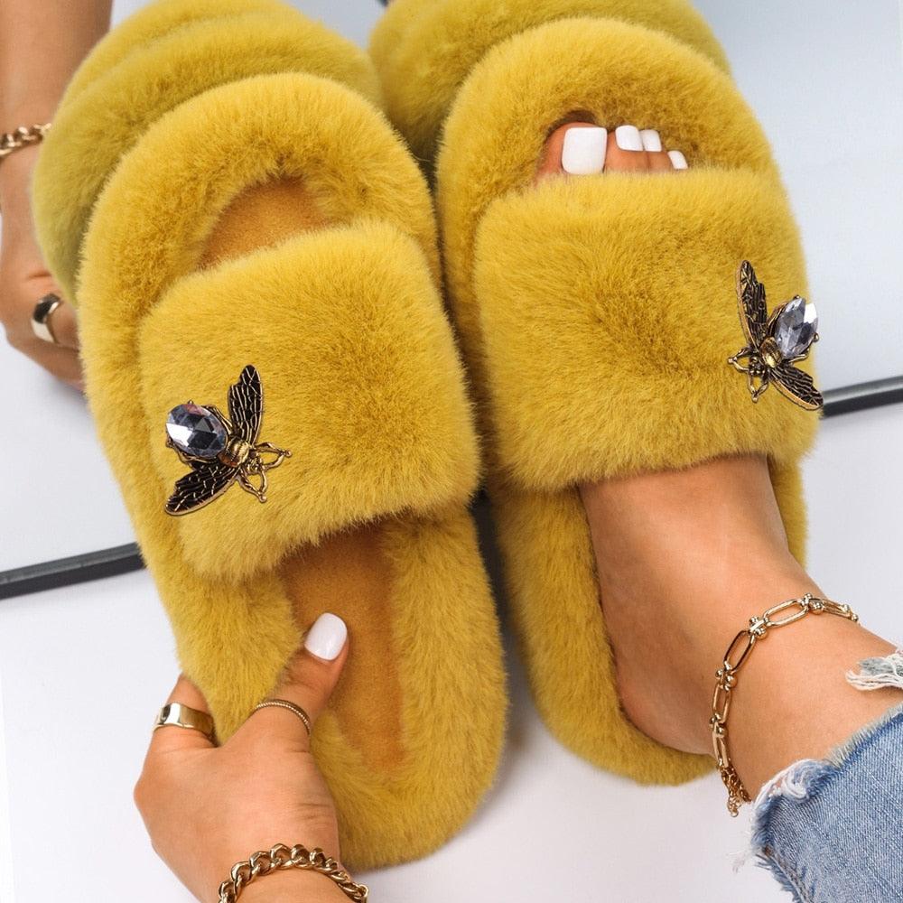 Furry Fur Slides Gold Chain Plush Slippers Designer