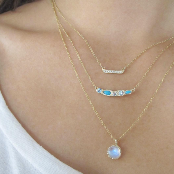 Handcrafted moonstone necklace on model's neck