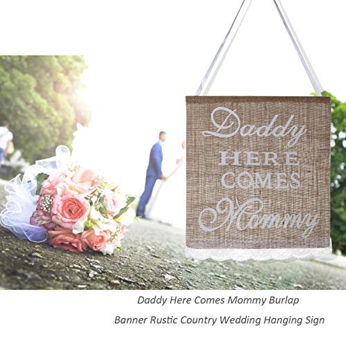 Daddy Here Comes Mommy Burlap Banner Rustic Country Wedding Hanging Sign 