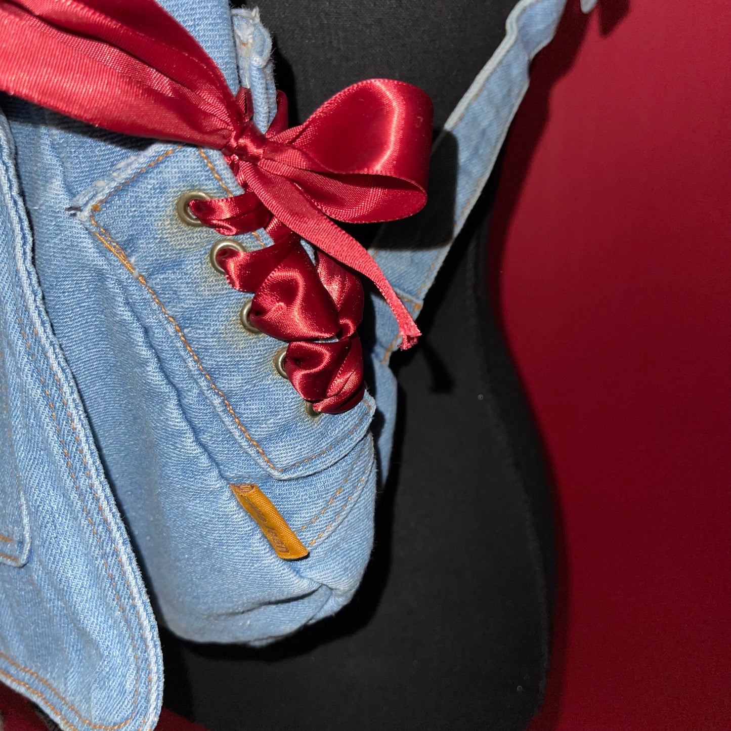 90s Light Wash Denim Ribbon Lace Up Pocket Backpack
