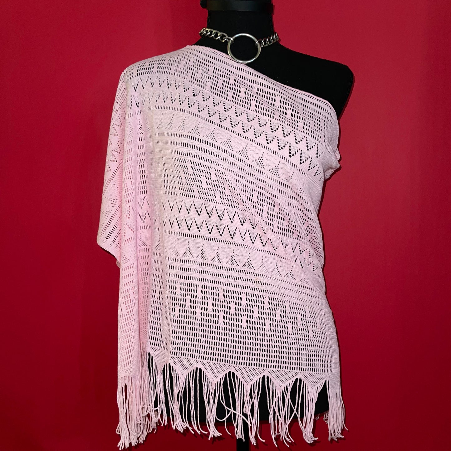Y2K Baby Pink Knit One Sleeve Fringe Top