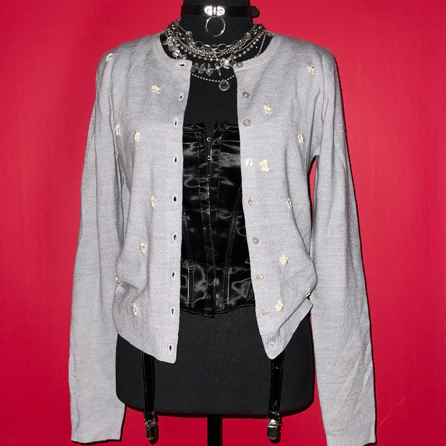 Y2K Dainty Light Grey Ribbon Pearl Floral Cardigan