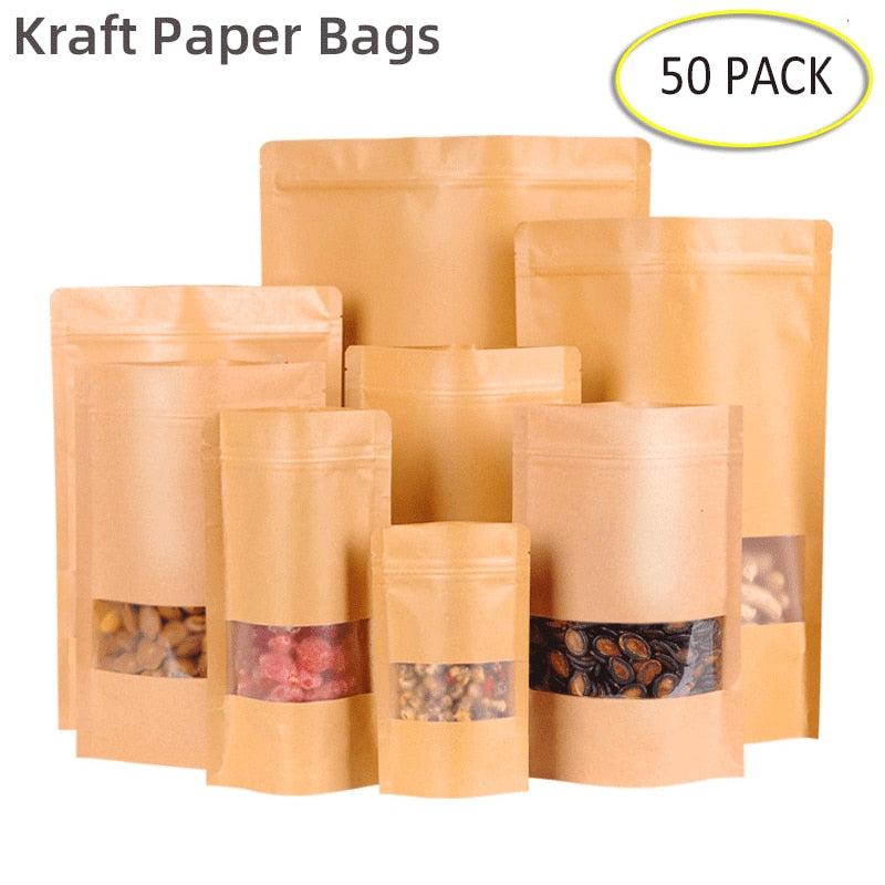 Ziplock Kraft Paper Stand Up Pouches Grip Seal Food Packaging Bag Plastic Window 