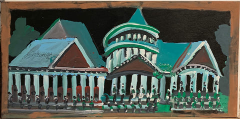 A painting of a green and blue mansion.
