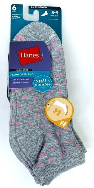 Hanes Women's ComfortBlend Cushion Ankle Socks 6 pair gray 3 w/ dots –  Bintasticbuys