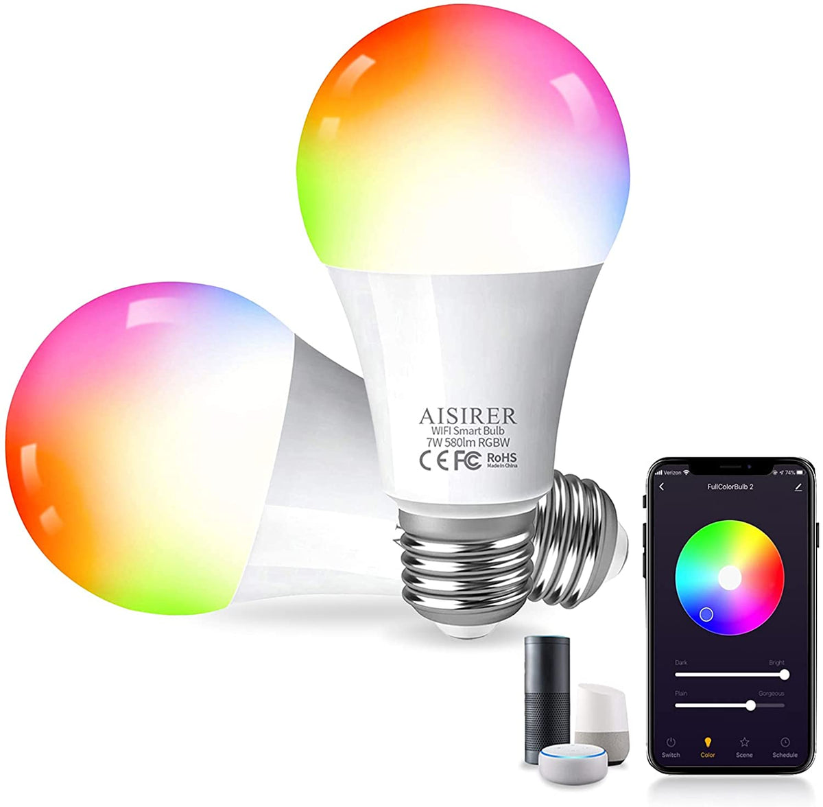 No Hub Required Vaticas 2 Pack 7W Smart Led Light Bulb,E26/E27 A19 Equivalent 60W ，16 Million Color Changing Dimmable Multicolor Light Bulb WiFi LED Bulb Works for Alexa,Echo,Google Home and IFTTT 