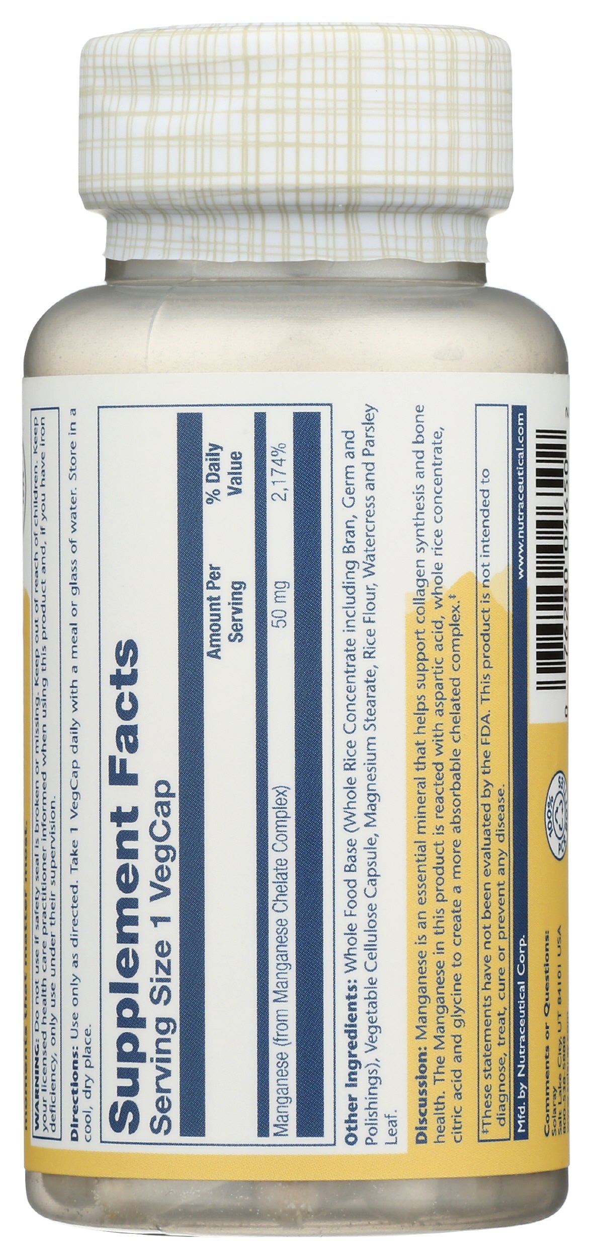 Solaray Manganese 50mg 100 Vegcaps Back of Bottle