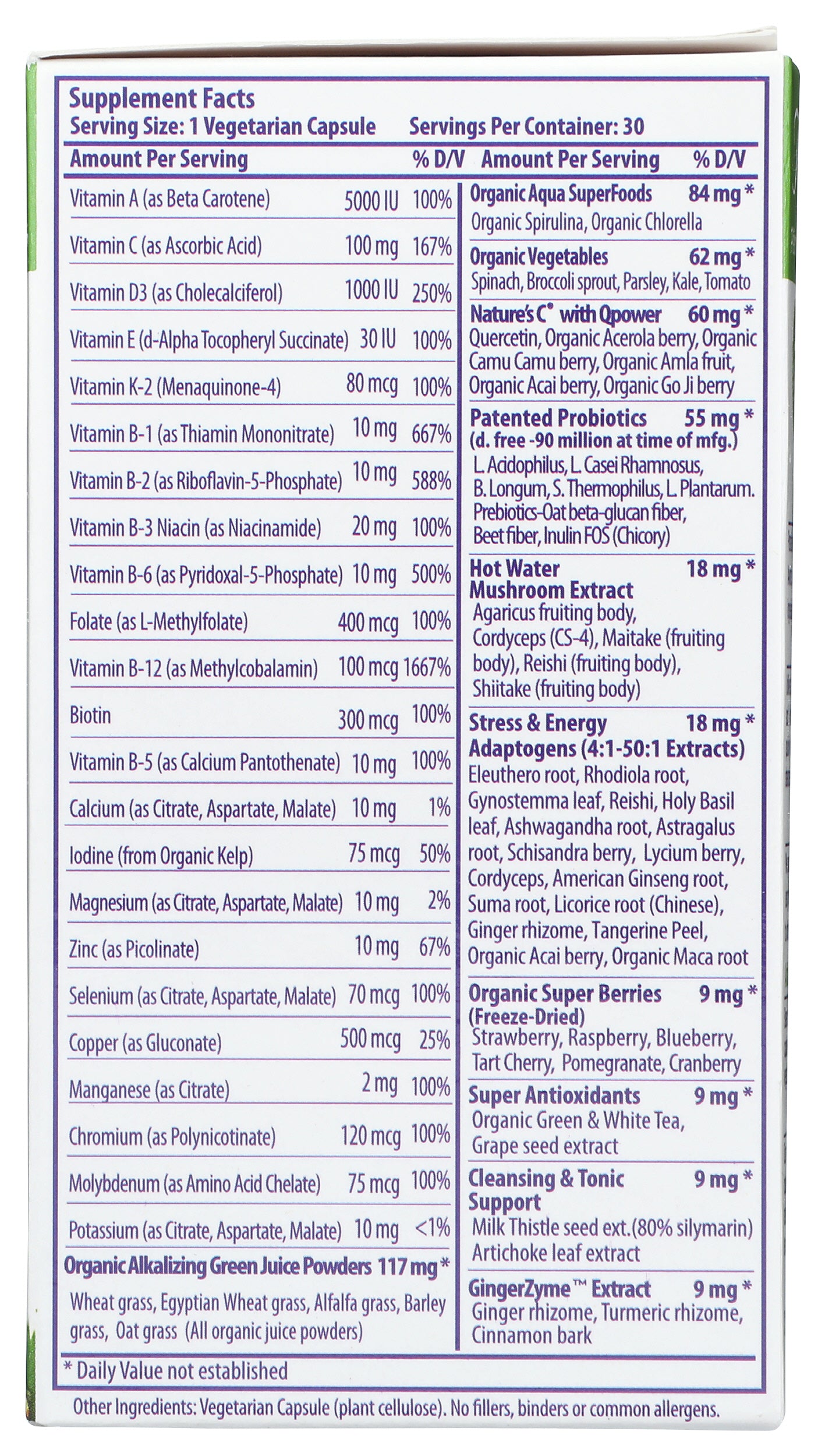 Paradise Earth's Blend Multivitamin No Iron 30 Capsules Back of Box