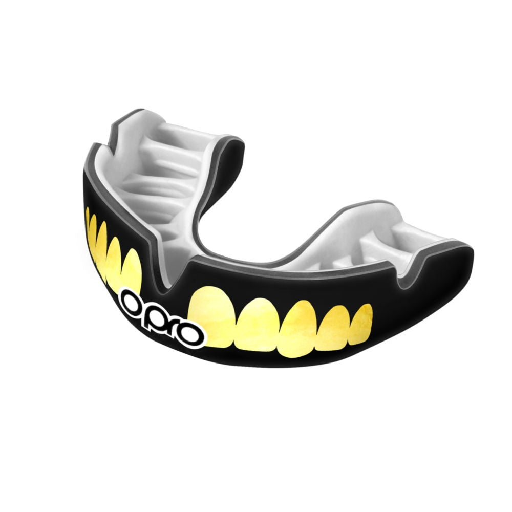 OPRO Mouth Guard Power Fit Bling White Gold Teeth Gum Shield Boxing MMA Rugby 
