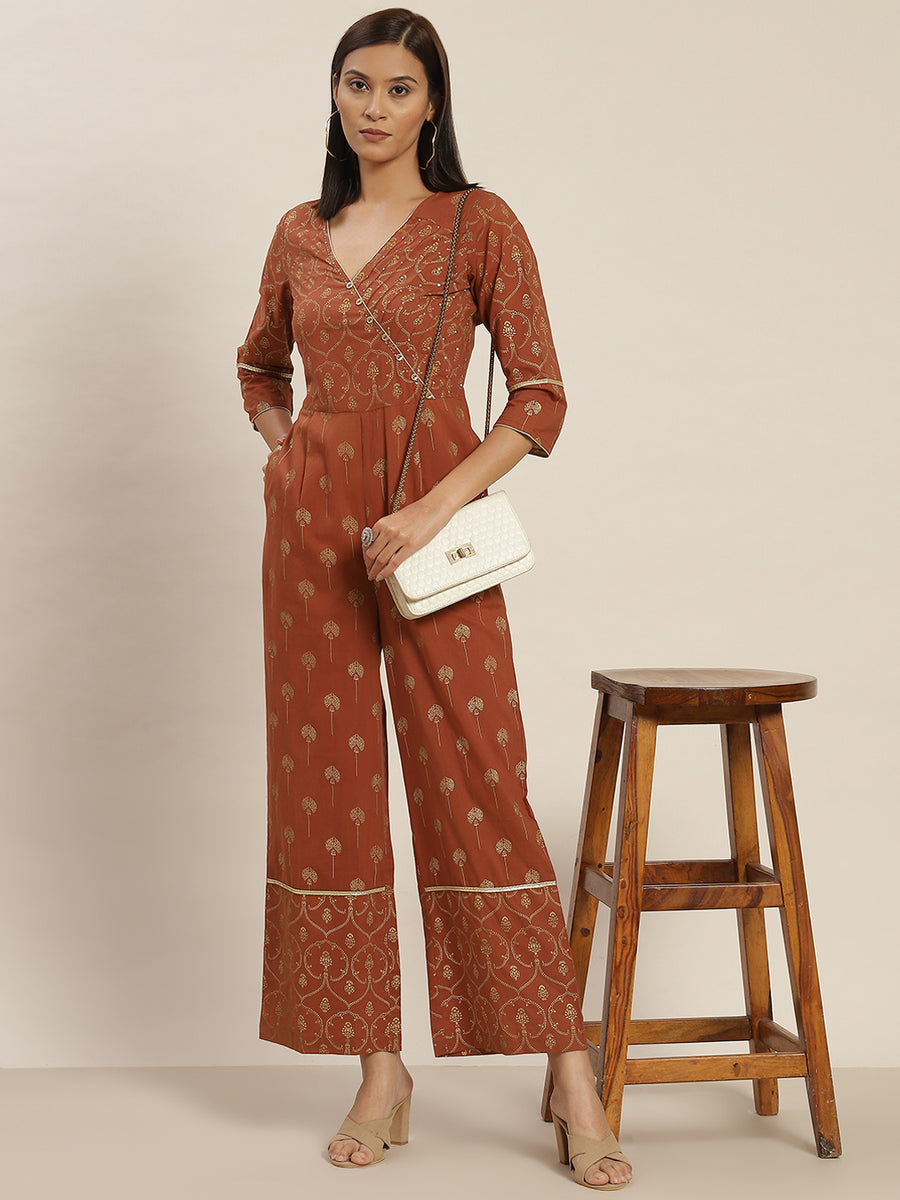 Golden Pigment Print Cotton Rust Ethinic Jumpsuit With Angrakha Style – Jaipur Kurti