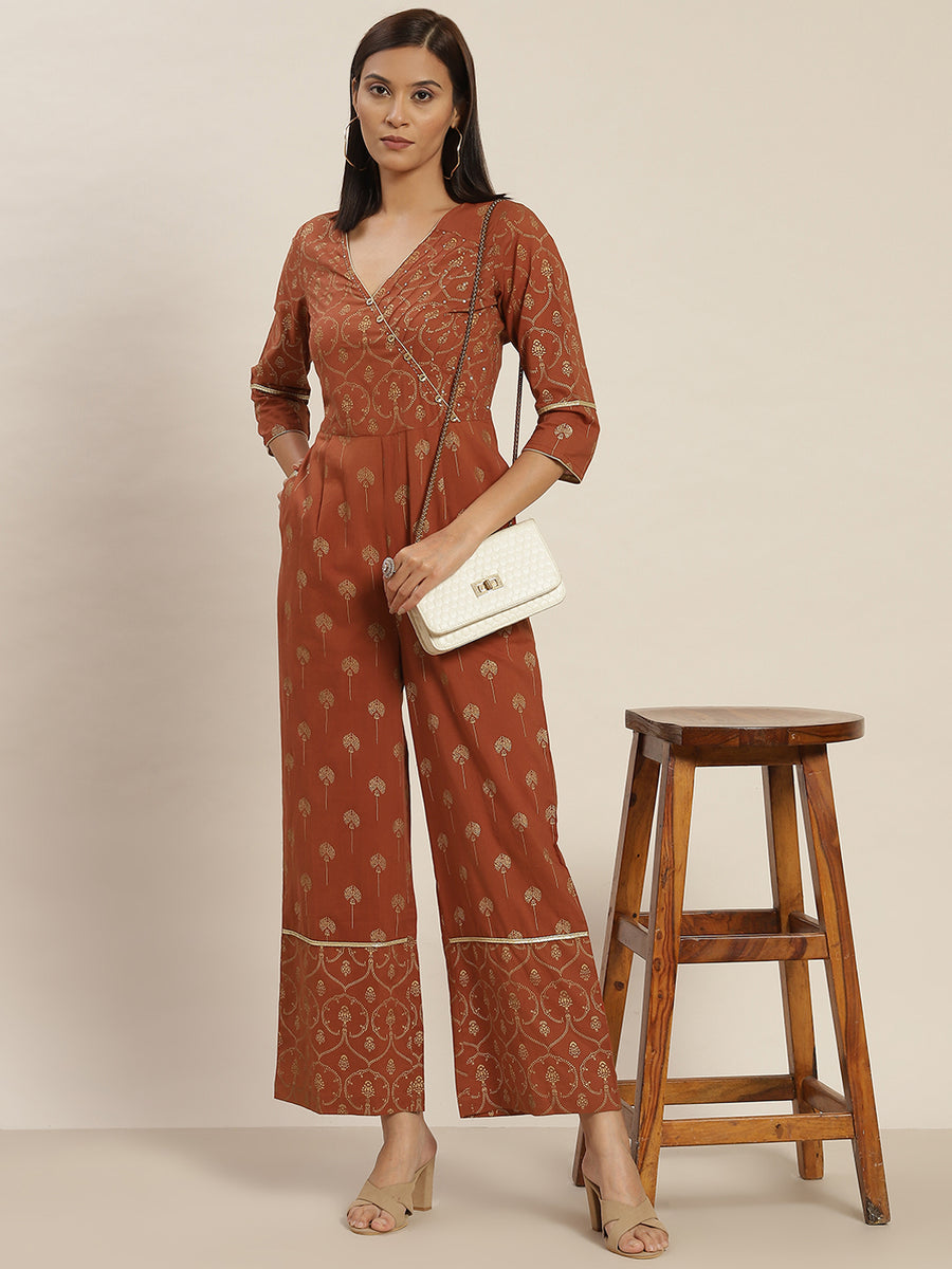 Golden Pigment Print Cotton Rust Ethinic Jumpsuit With Angrakha Style 
– Jaipur Kurti
