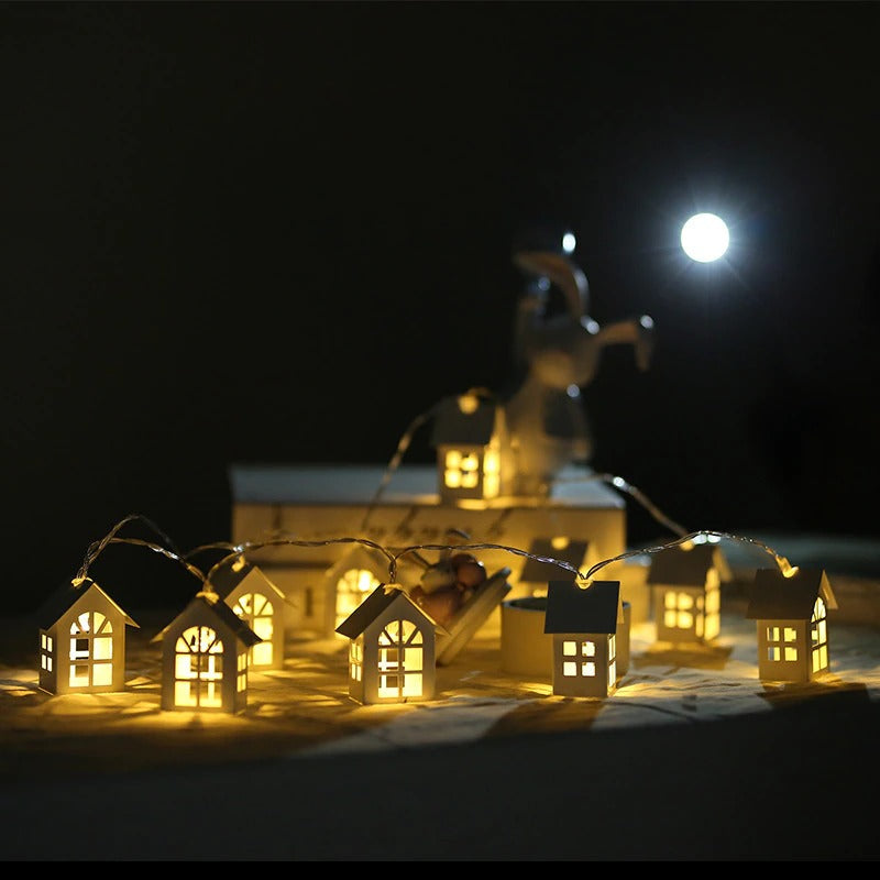 wooden house string lights