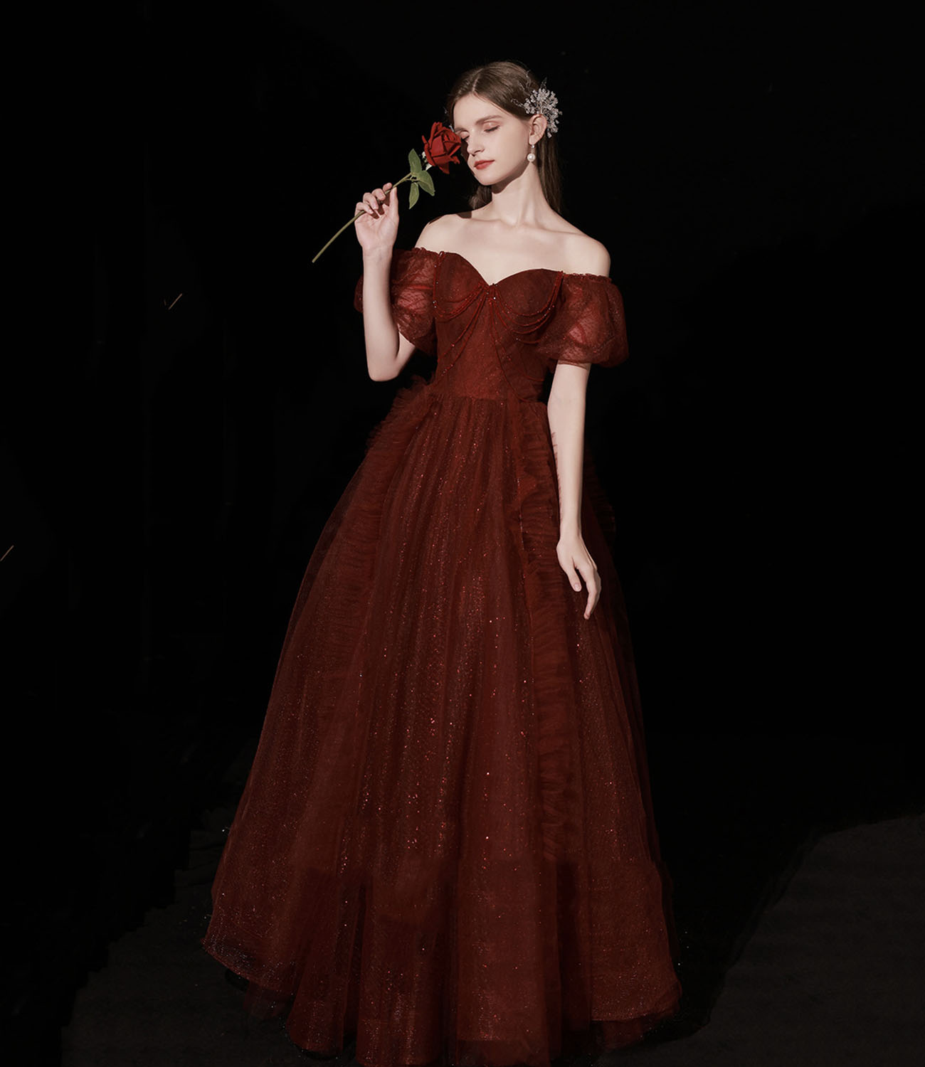 Burgundy tulle long prom dress A line evening gown 10439