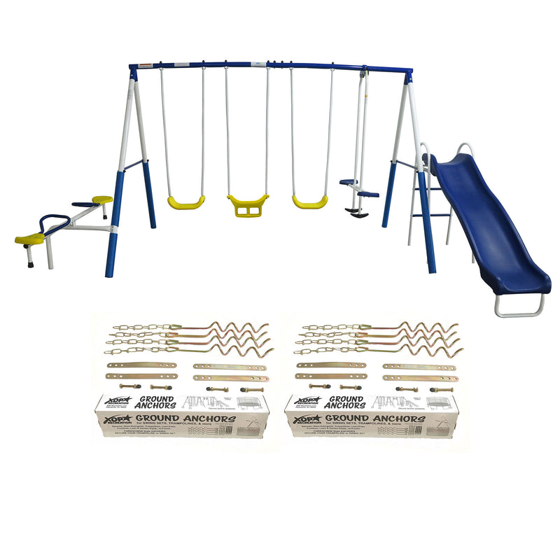 XDP Recreation Playground Play Swing Set with Slide & Ground Anchor Kit (2 Pack)