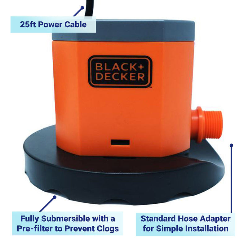 Black+Decker 800 GPH Fully Submersible Automatic Winter Swimming Pool Cover Pump
