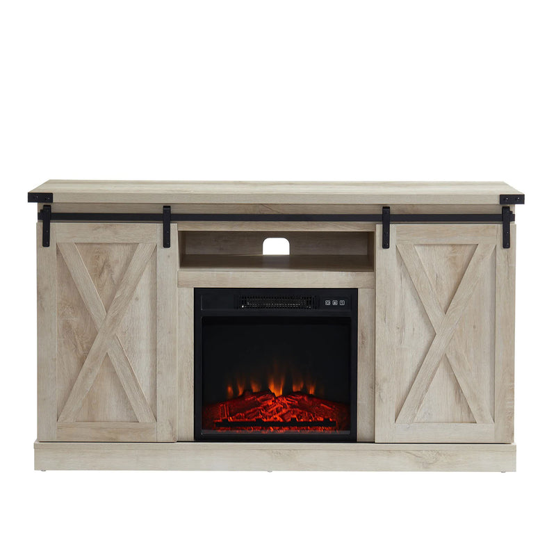 Edyo Living Electric Fireplace TV Stand Table with Sliding Barn Door, White Oak