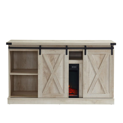Edyo Living Electric Fireplace TV Stand Table with Sliding Barn Door, White Oak