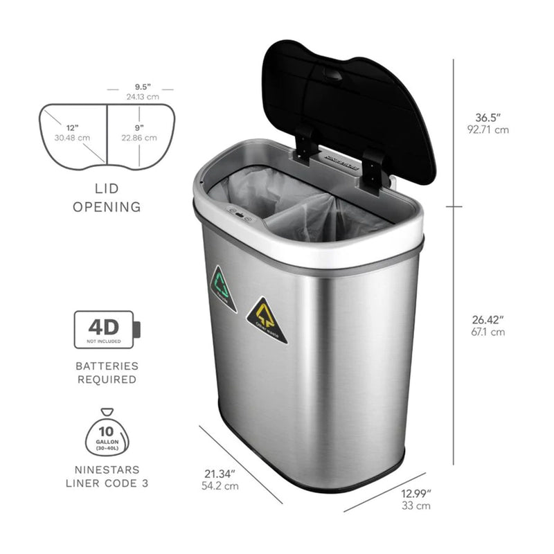 NINESTARS 18.5 Gallon Dual Compartment Automatic Motion Sensor Garbage Trash Can