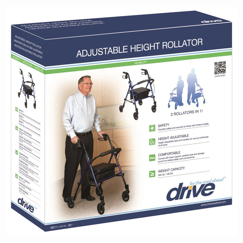 Drive Medical Adjustable Height Aluminum Frame Rollator w/ 6 Inch Casters, Blue