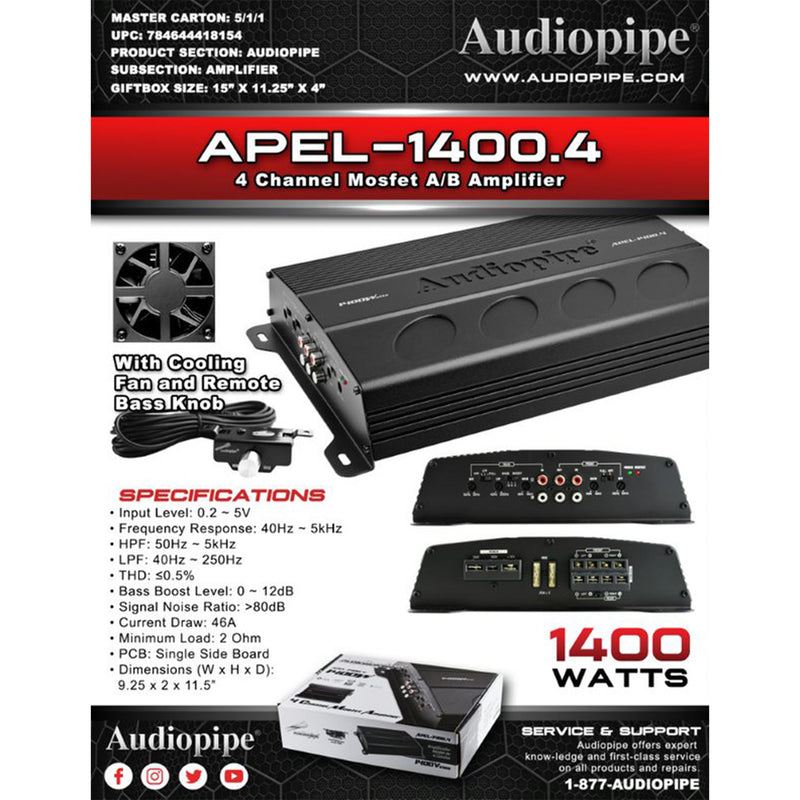 AudioPipe 1400 Watt 4 Channel Mosfet Stereo Audio Amplifier, Black (Open Box)