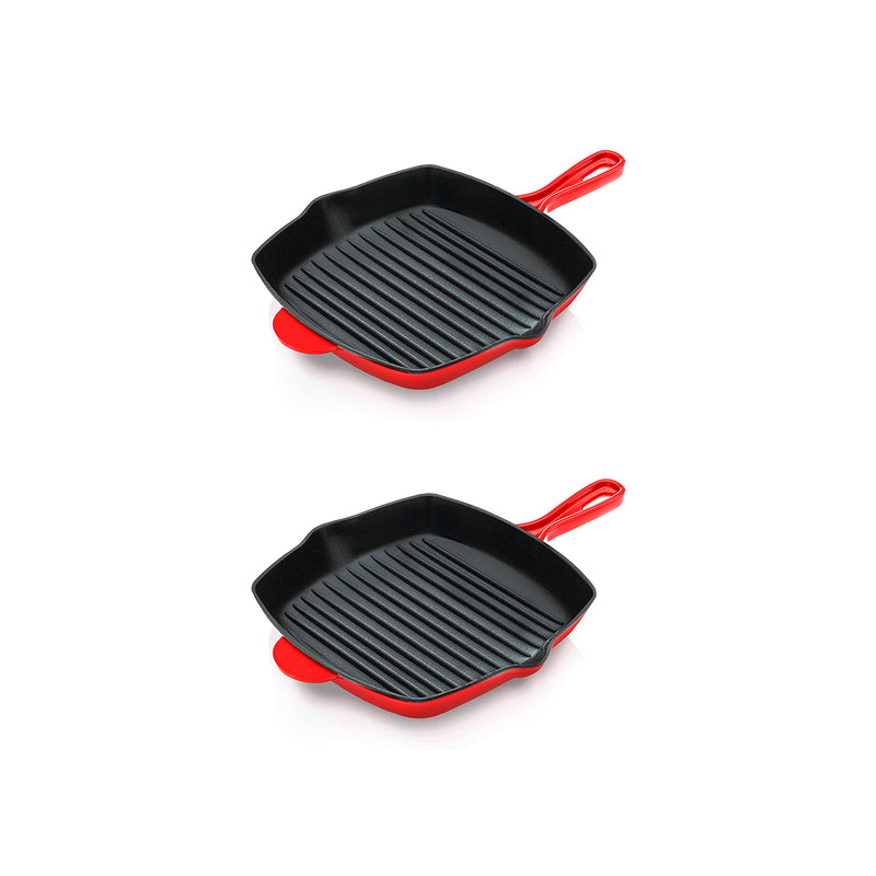 NutriChef 11 Inch Square Cast Iron Skillet with Porcelain Coating, Red (2 Pack)