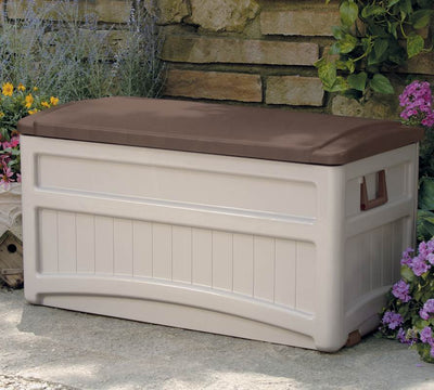 Suncast 73 Gallon Outdoor Patio Resin Deck Storage Chest Box with Wheels, Taupe