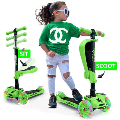 Hurtle ScootKid 3 Wheel Toddler Child Ride On Toy Scooter w/ LED Wheels, Green