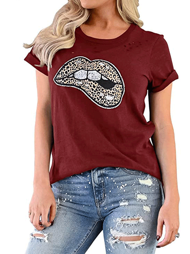 Leopard Print Red Lips Short Sleeve T-shirt