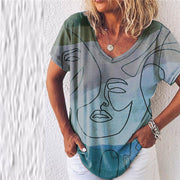 Gradient Printed Loose V-neck T-shirt Women