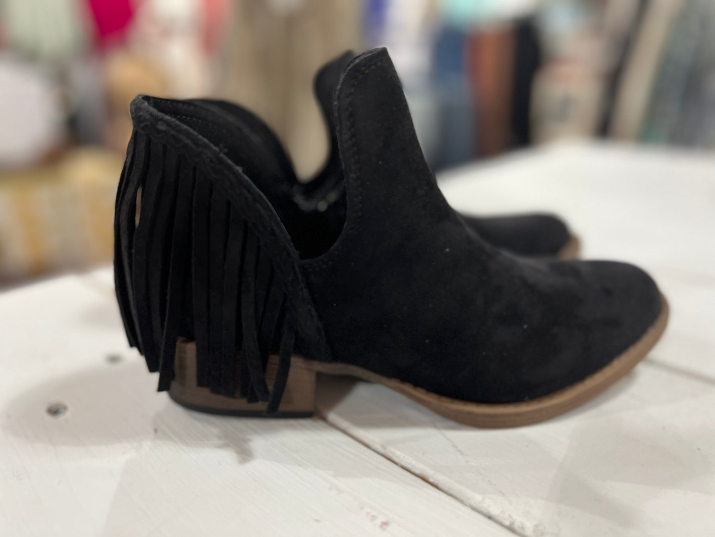 Very G black fringe “Trio” booties