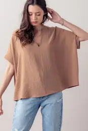 Oversized V Neck Folded Short Sleeve Top