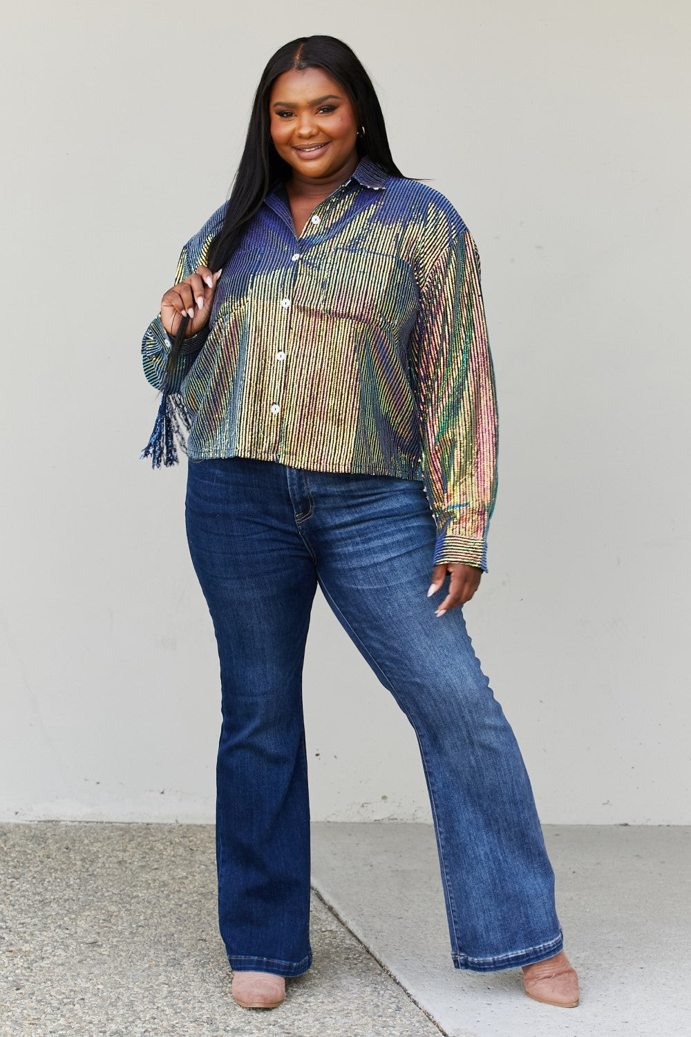 Multicolored Glitter Fringe Trim Shirt