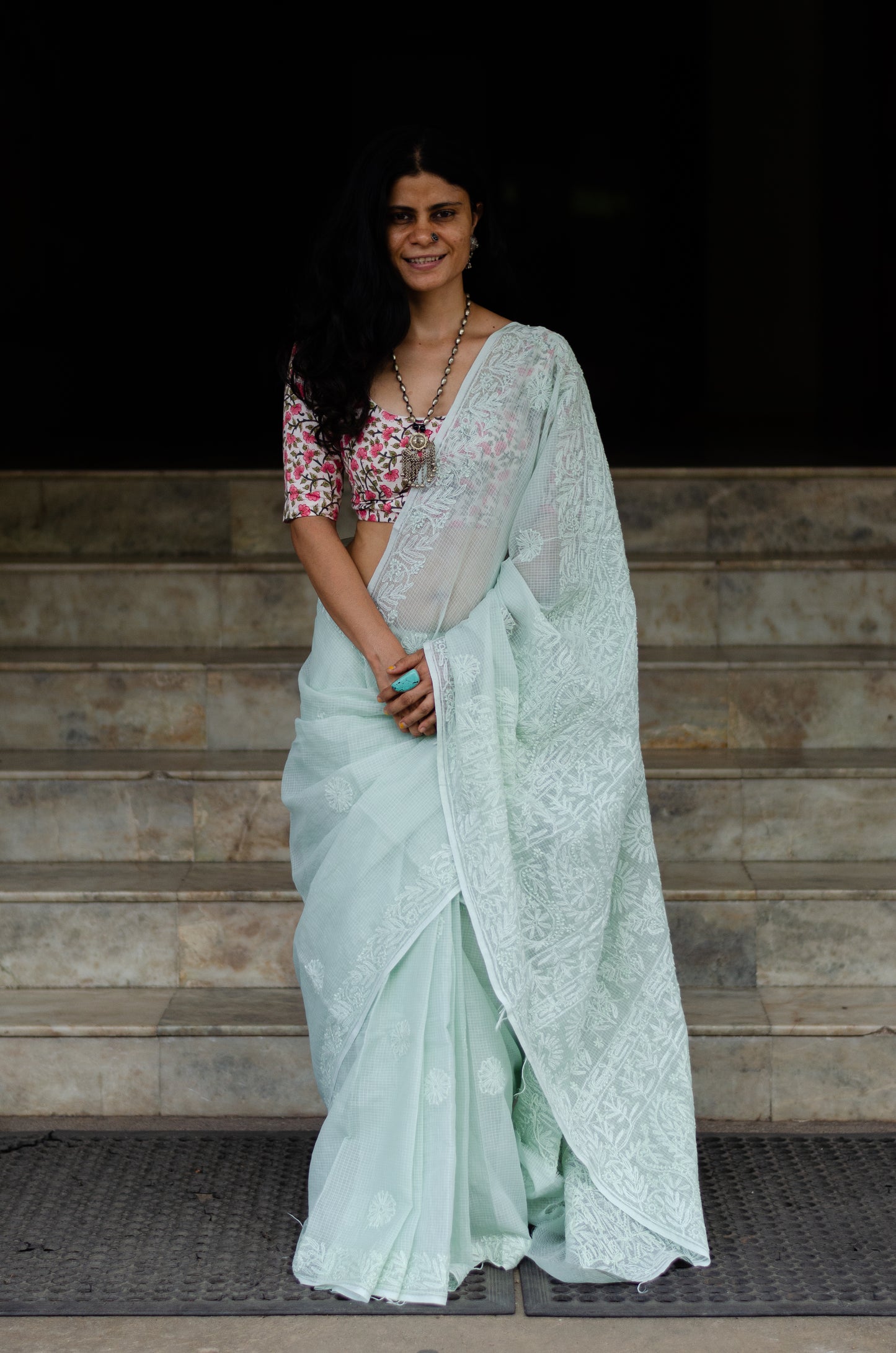 Hand embroidered chikankari and tipchi kota doria cotton saree