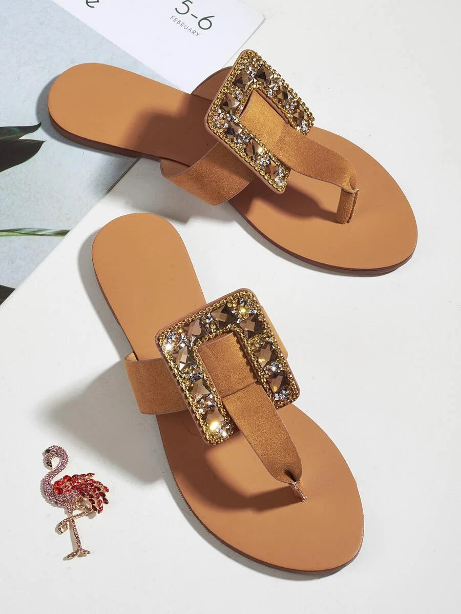 SHEIN Rhinestone Decor Thong Sandals Brown