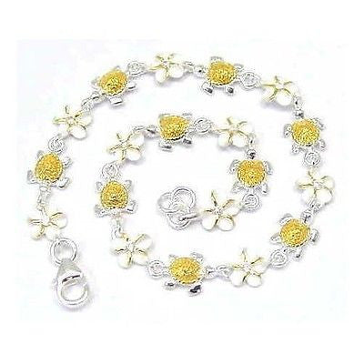 YELLOW GOLD PLATED 2T SILVER 925 HAWAIIAN BABY TURTLE 8MM PLUMERIA ANKLET 9 1/2" 